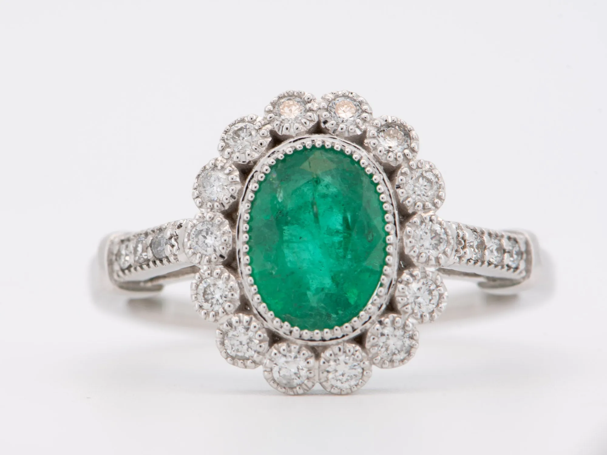 Emerald Diamond Halo Scallop Gold Ring