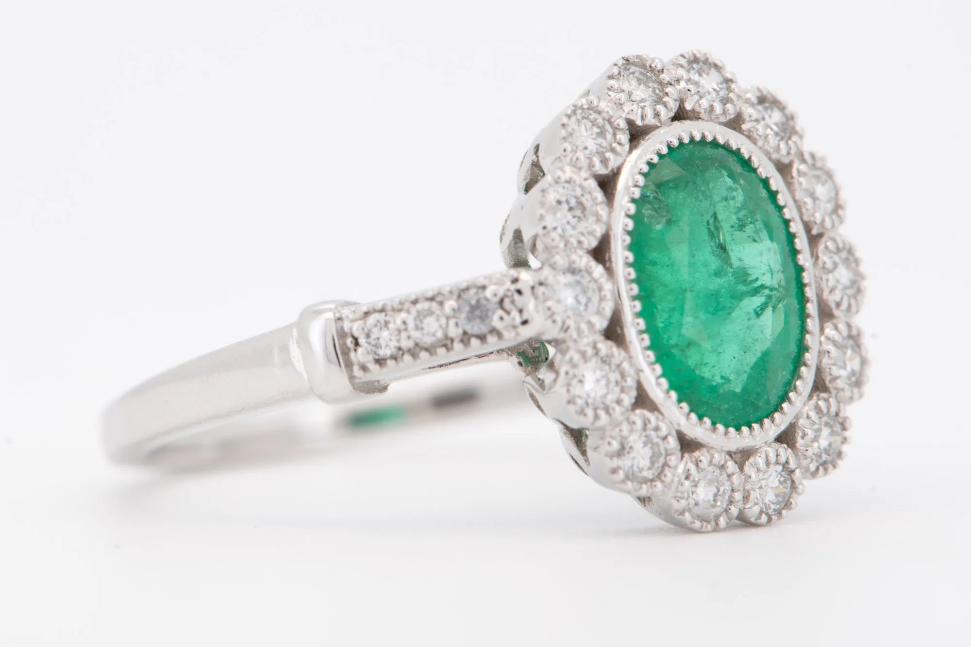 Emerald Diamond Halo Scallop Gold Ring