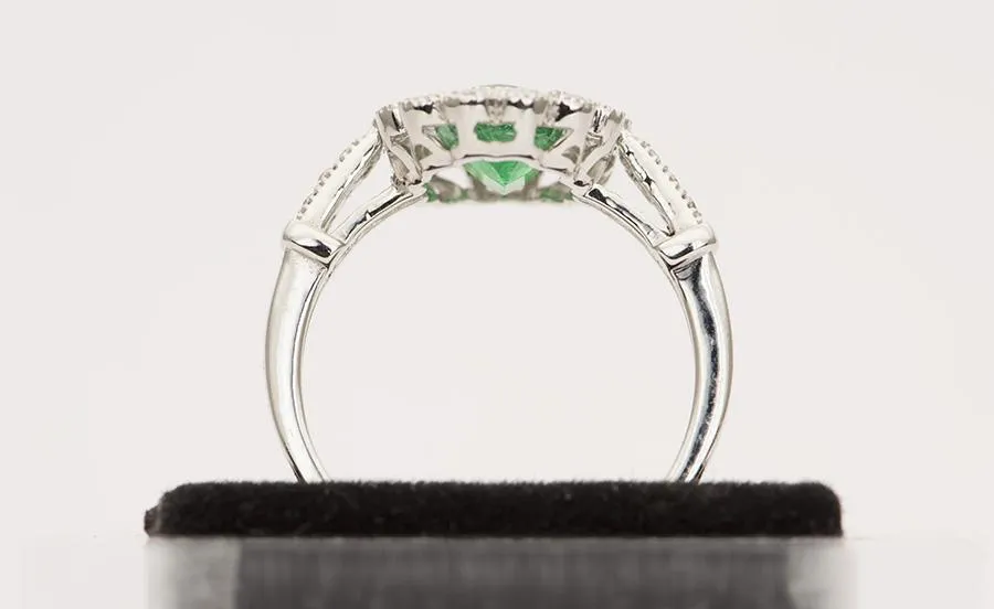 Emerald Diamond Halo Scallop Gold Ring