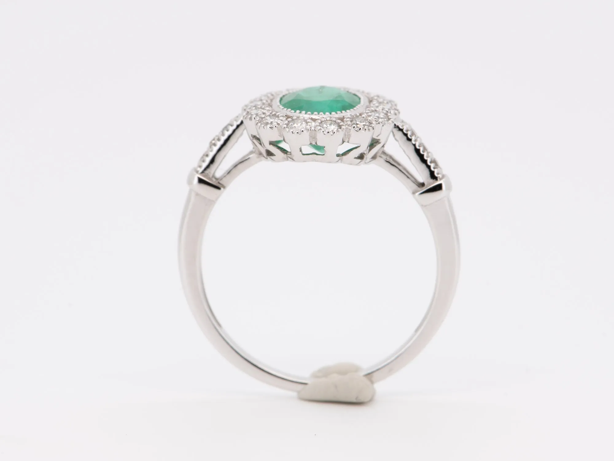 Emerald Diamond Halo Scallop Gold Ring