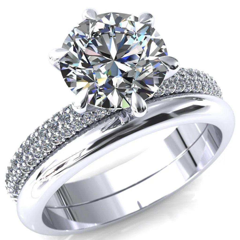 Engagement Ring with Round Lab-Grown Diamond Center Stone and 6 Claw Prong Diamond Accents