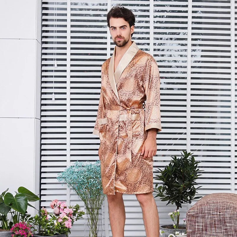 Silk Bathrobe Men's Long Sleeve Bath Robe Cozy Kimono Printed Robes Satin Sleepwear by Xituodai