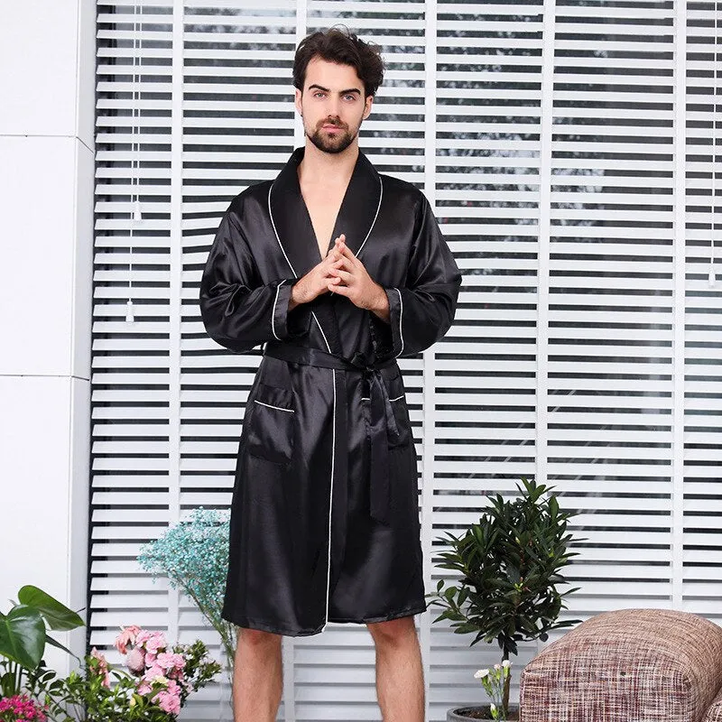 Silk Bathrobe Men's Long Sleeve Bath Robe Cozy Kimono Printed Robes Satin Sleepwear by Xituodai