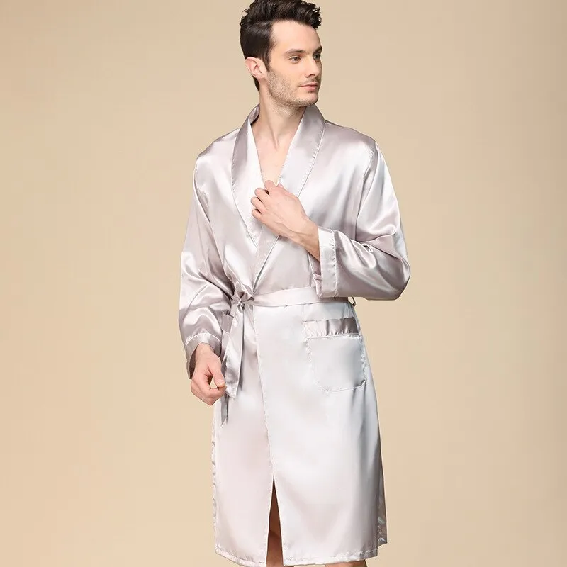 Silk Bathrobe Men's Long Sleeve Bath Robe Cozy Kimono Printed Robes Satin Sleepwear by Xituodai