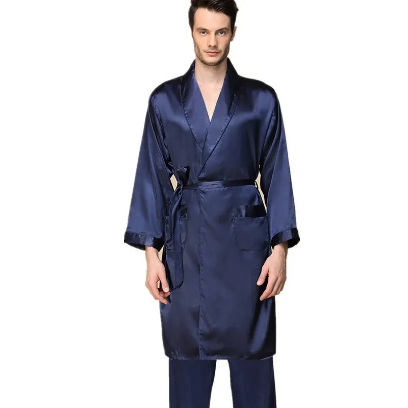 Silk Bathrobe Men's Long Sleeve Bath Robe Cozy Kimono Printed Robes Satin Sleepwear by Xituodai