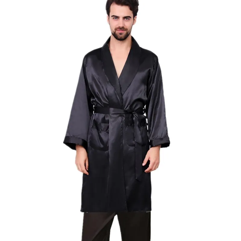 Silk Bathrobe Men's Long Sleeve Bath Robe Cozy Kimono Printed Robes Satin Sleepwear by Xituodai