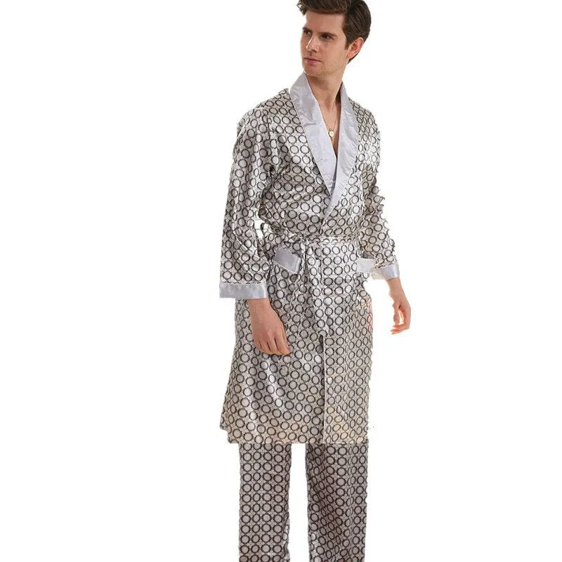 Silk Bathrobe Men's Long Sleeve Bath Robe Cozy Kimono Printed Robes Satin Sleepwear by Xituodai