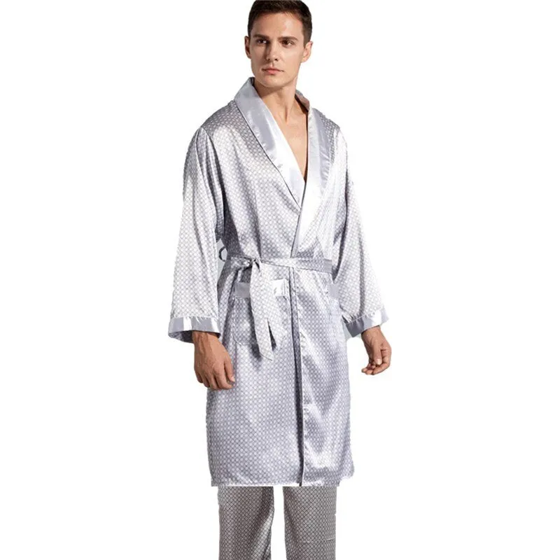 Silk Bathrobe Men's Long Sleeve Bath Robe Cozy Kimono Printed Robes Satin Sleepwear by Xituodai