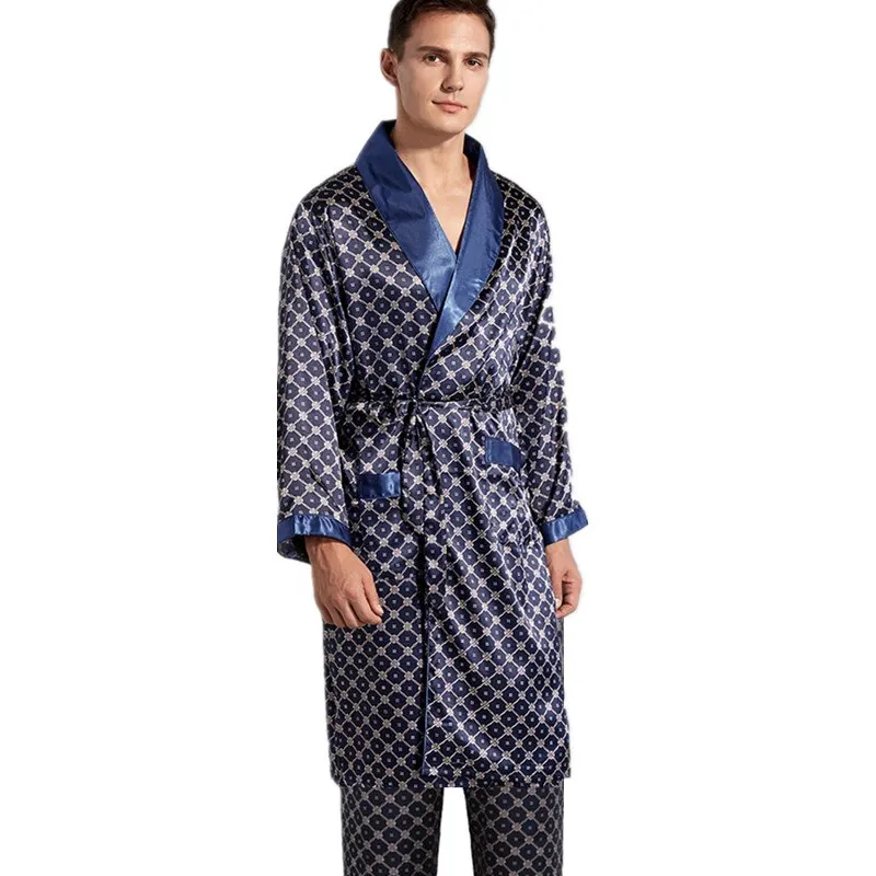 Silk Bathrobe Men's Long Sleeve Bath Robe Cozy Kimono Printed Robes Satin Sleepwear by Xituodai