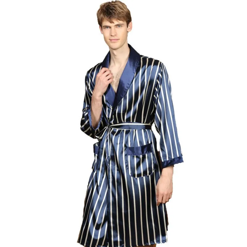 Silk Bathrobe Men's Long Sleeve Bath Robe Cozy Kimono Printed Robes Satin Sleepwear by Xituodai