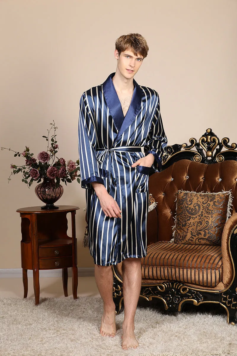 Silk Bathrobe Men's Long Sleeve Bath Robe Cozy Kimono Printed Robes Satin Sleepwear by Xituodai