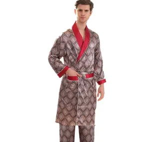 Silk Bathrobe Men's Long Sleeve Bath Robe Cozy Kimono Printed Robes Satin Sleepwear by Xituodai