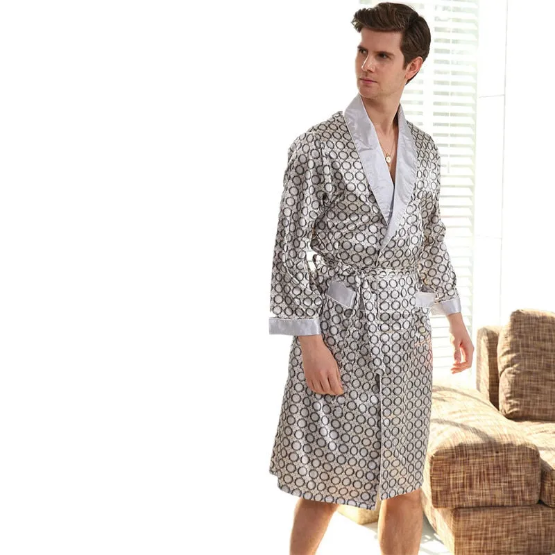 Silk Bathrobe Men's Long Sleeve Bath Robe Cozy Kimono Printed Robes Satin Sleepwear by Xituodai