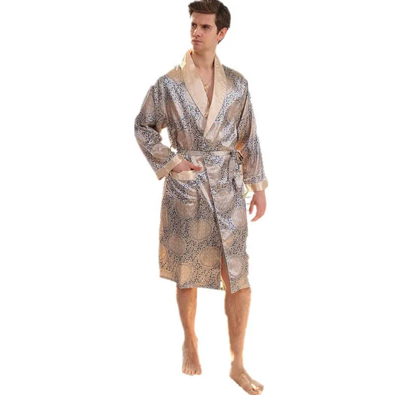 Silk Bathrobe Men's Long Sleeve Bath Robe Cozy Kimono Printed Robes Satin Sleepwear by Xituodai