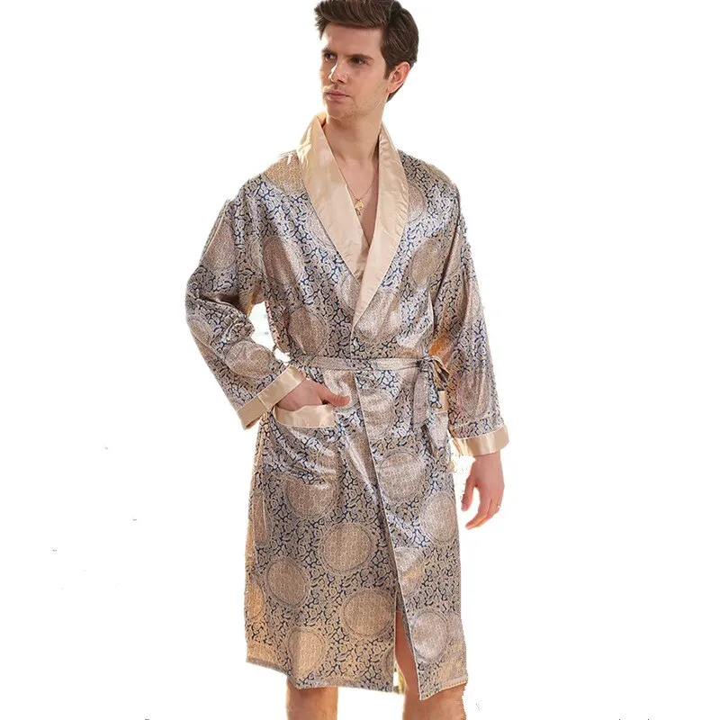 Silk Bathrobe Men's Long Sleeve Bath Robe Cozy Kimono Printed Robes Satin Sleepwear by Xituodai