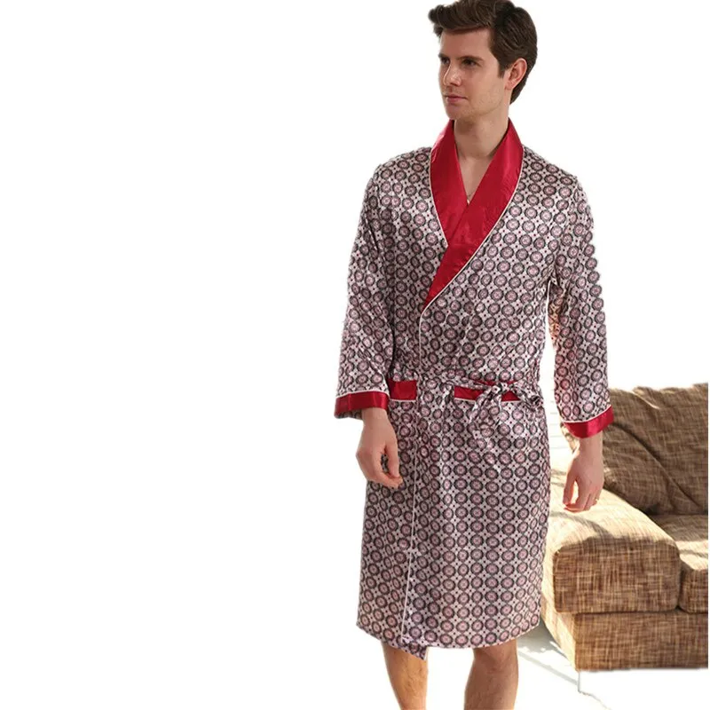 Silk Bathrobe Men's Long Sleeve Bath Robe Cozy Kimono Printed Robes Satin Sleepwear by Xituodai