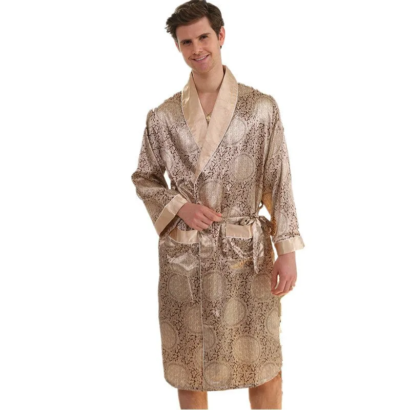 Silk Bathrobe Men's Long Sleeve Bath Robe Cozy Kimono Printed Robes Satin Sleepwear by Xituodai