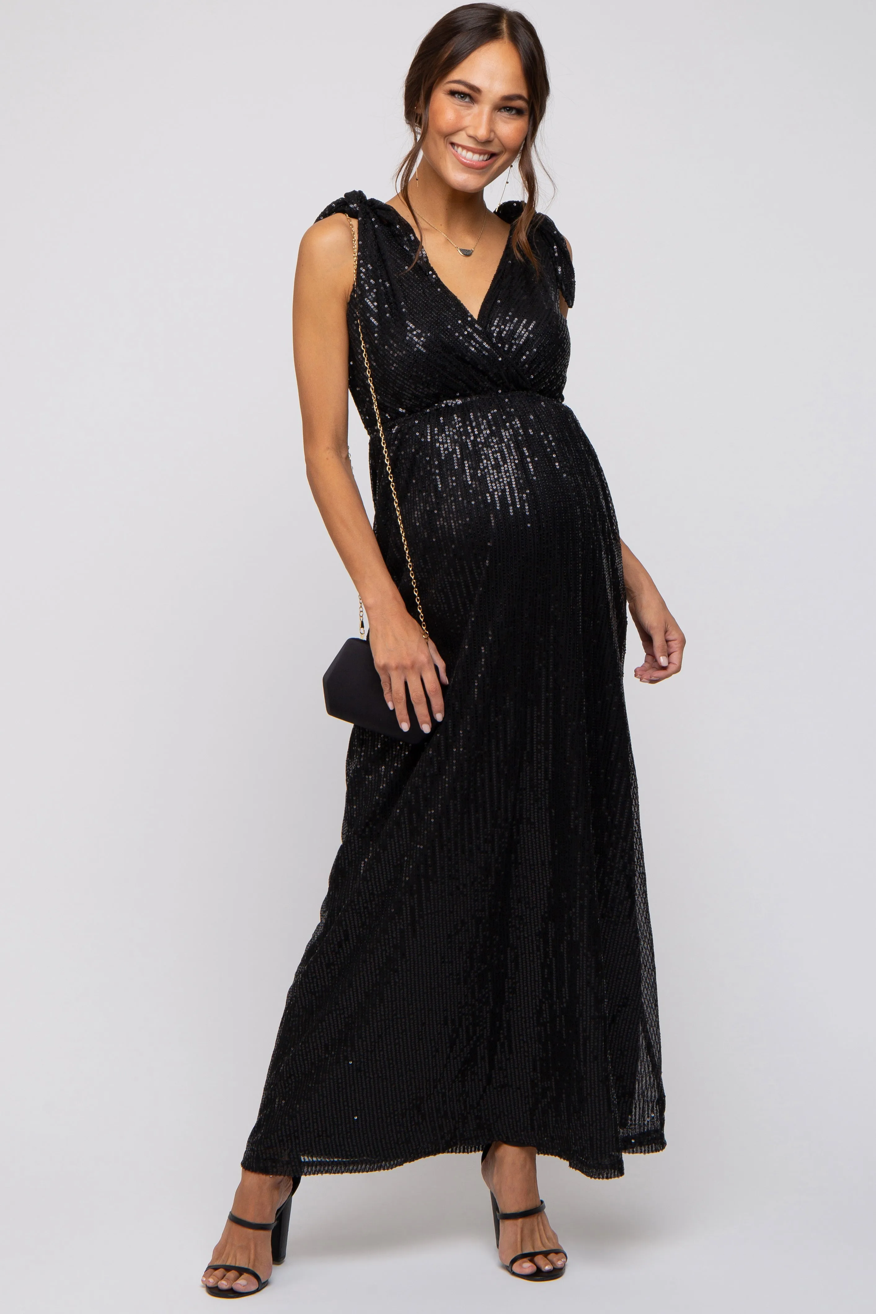 Sequin Sleeveless Wrap V-Neck Maternity Gown in Black