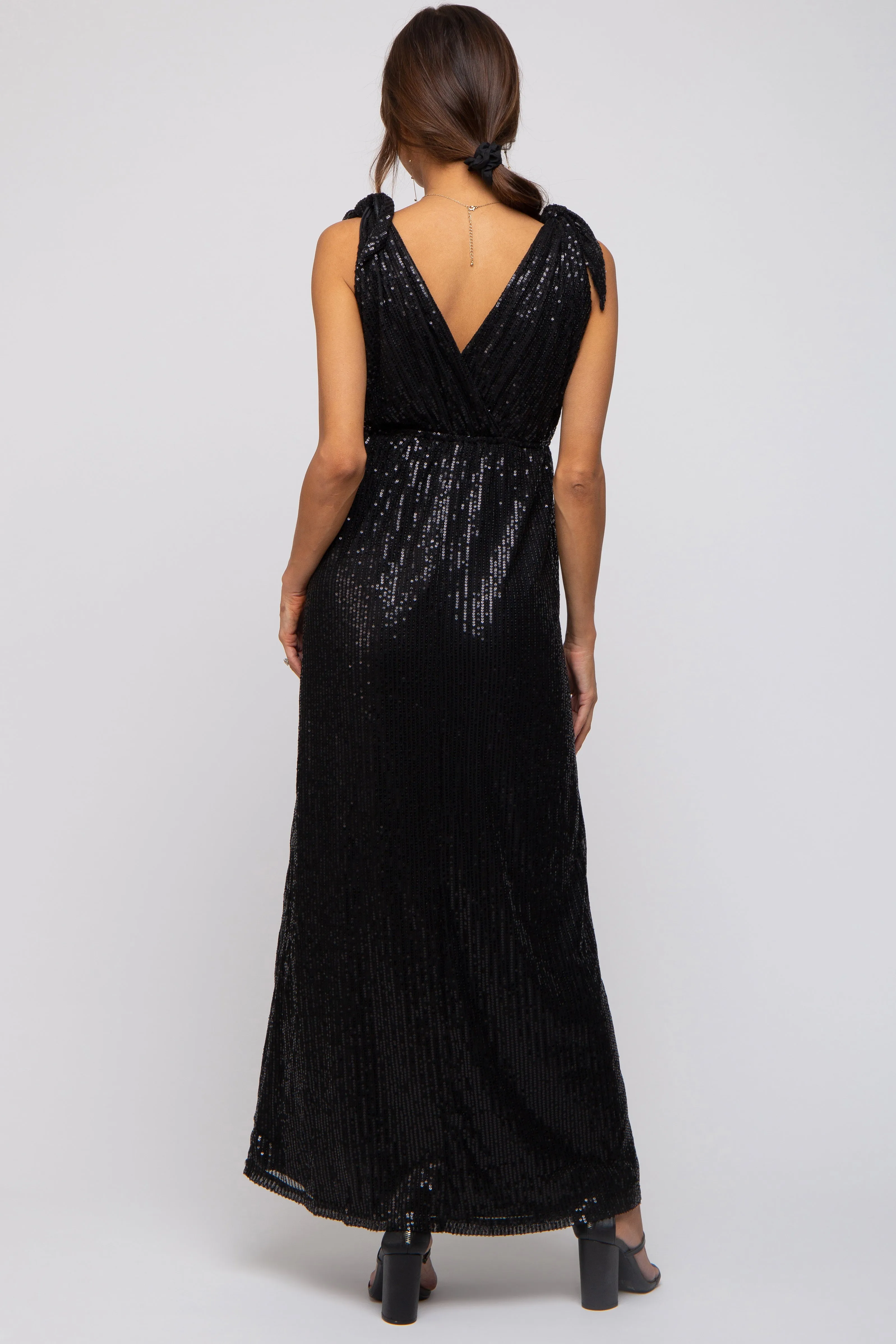 Sequin Sleeveless Wrap V-Neck Maternity Gown in Black