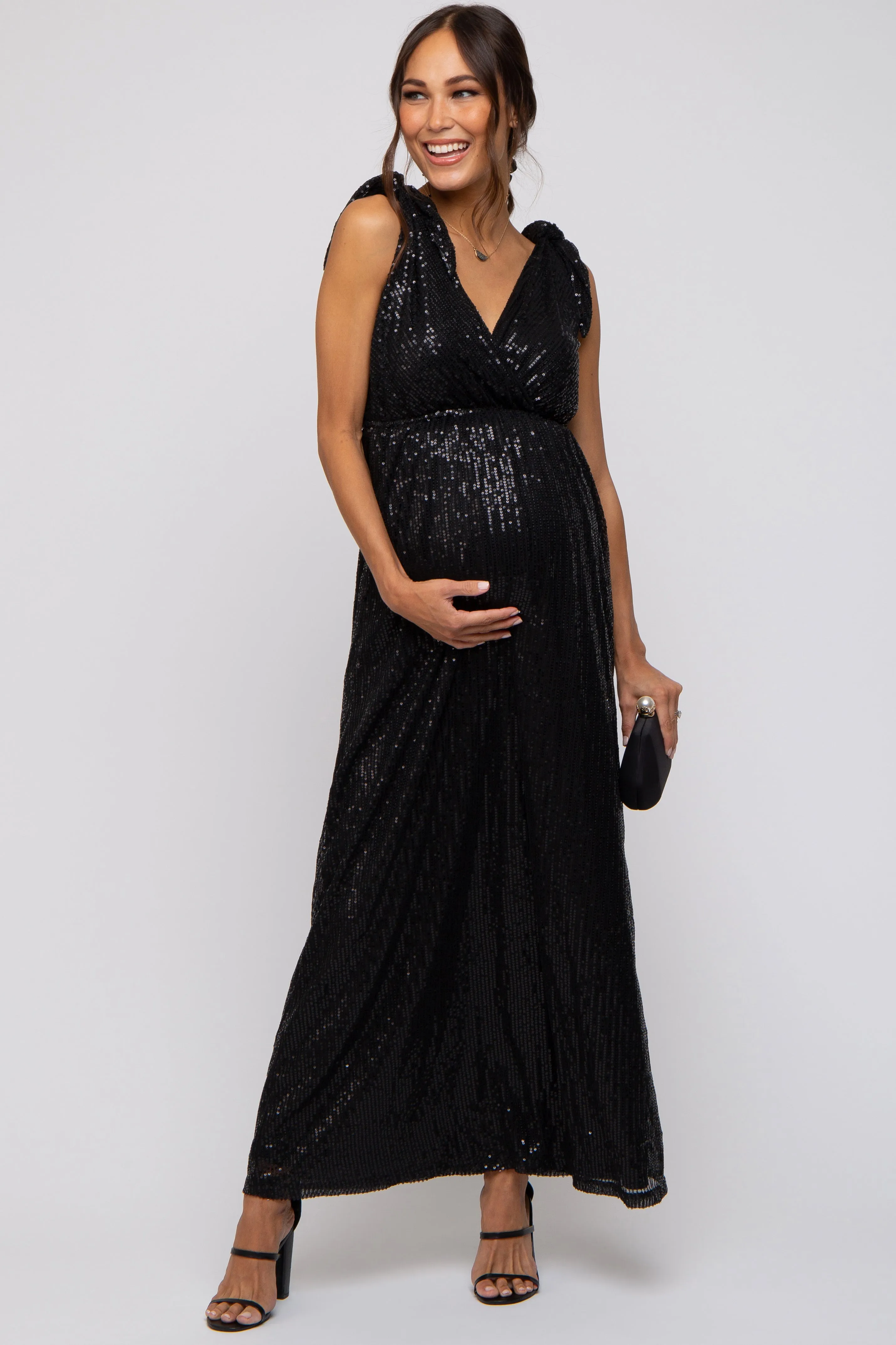 Sequin Sleeveless Wrap V-Neck Maternity Gown in Black