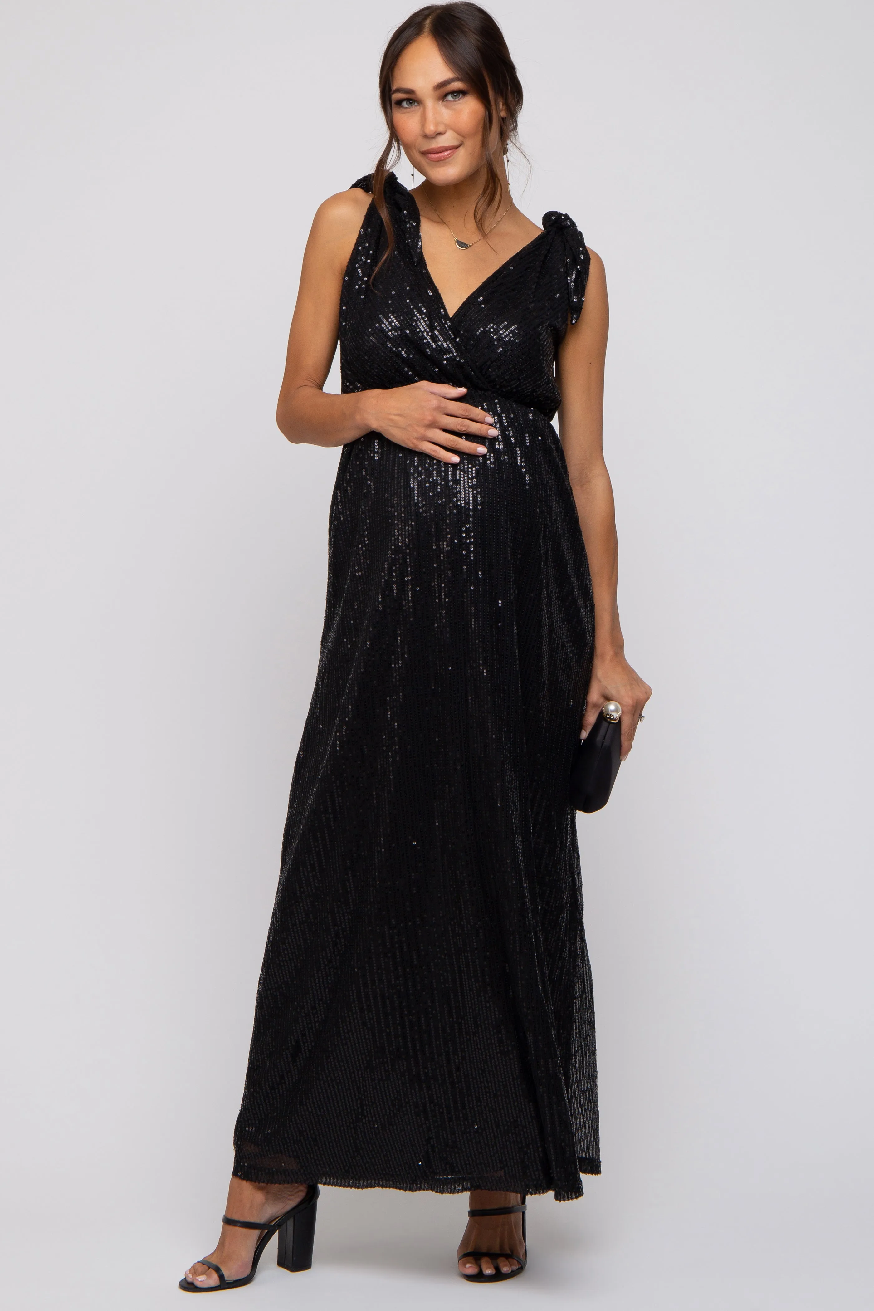 Sequin Sleeveless Wrap V-Neck Maternity Gown in Black