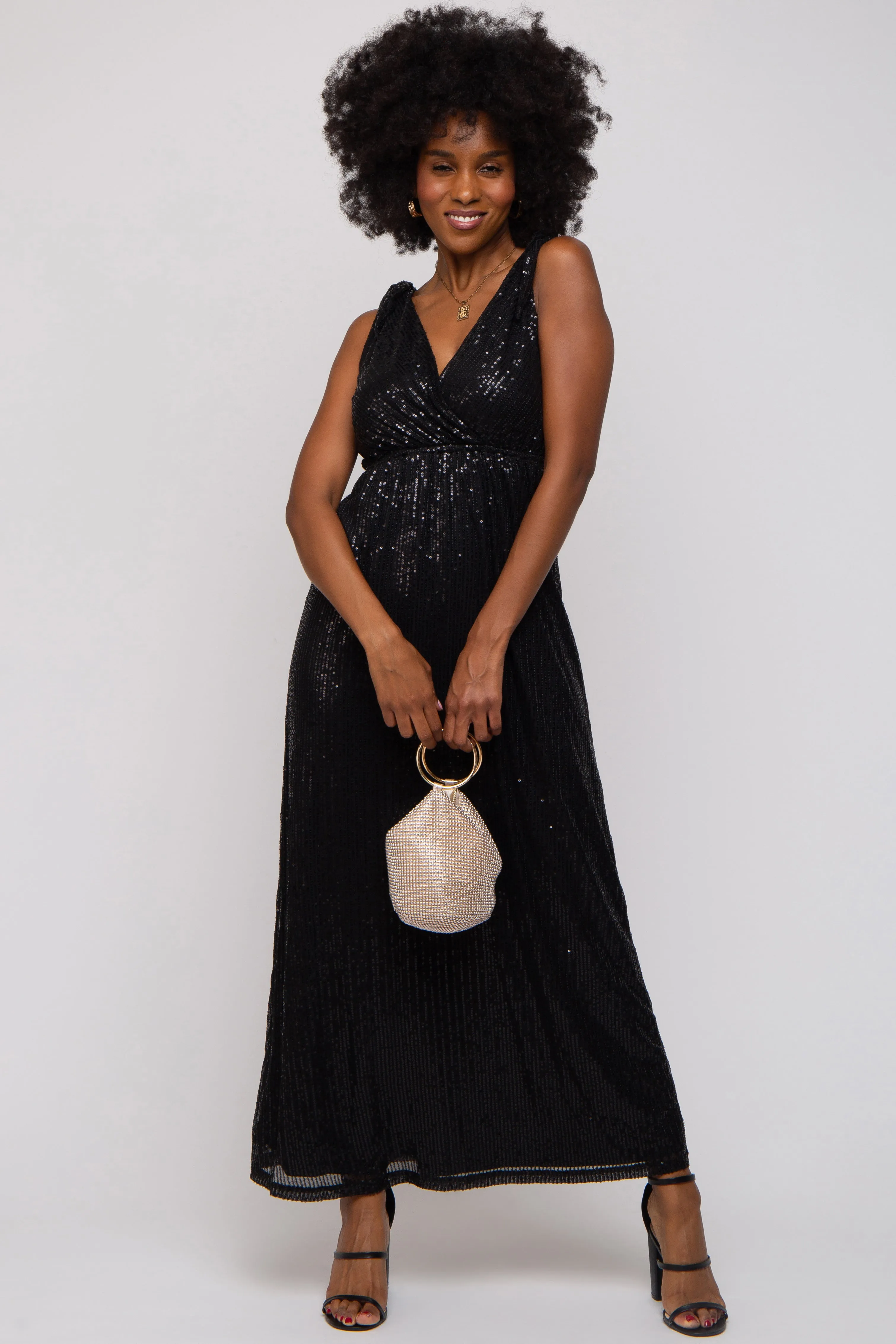 Sequin Sleeveless Wrap V-Neck Maternity Gown in Black