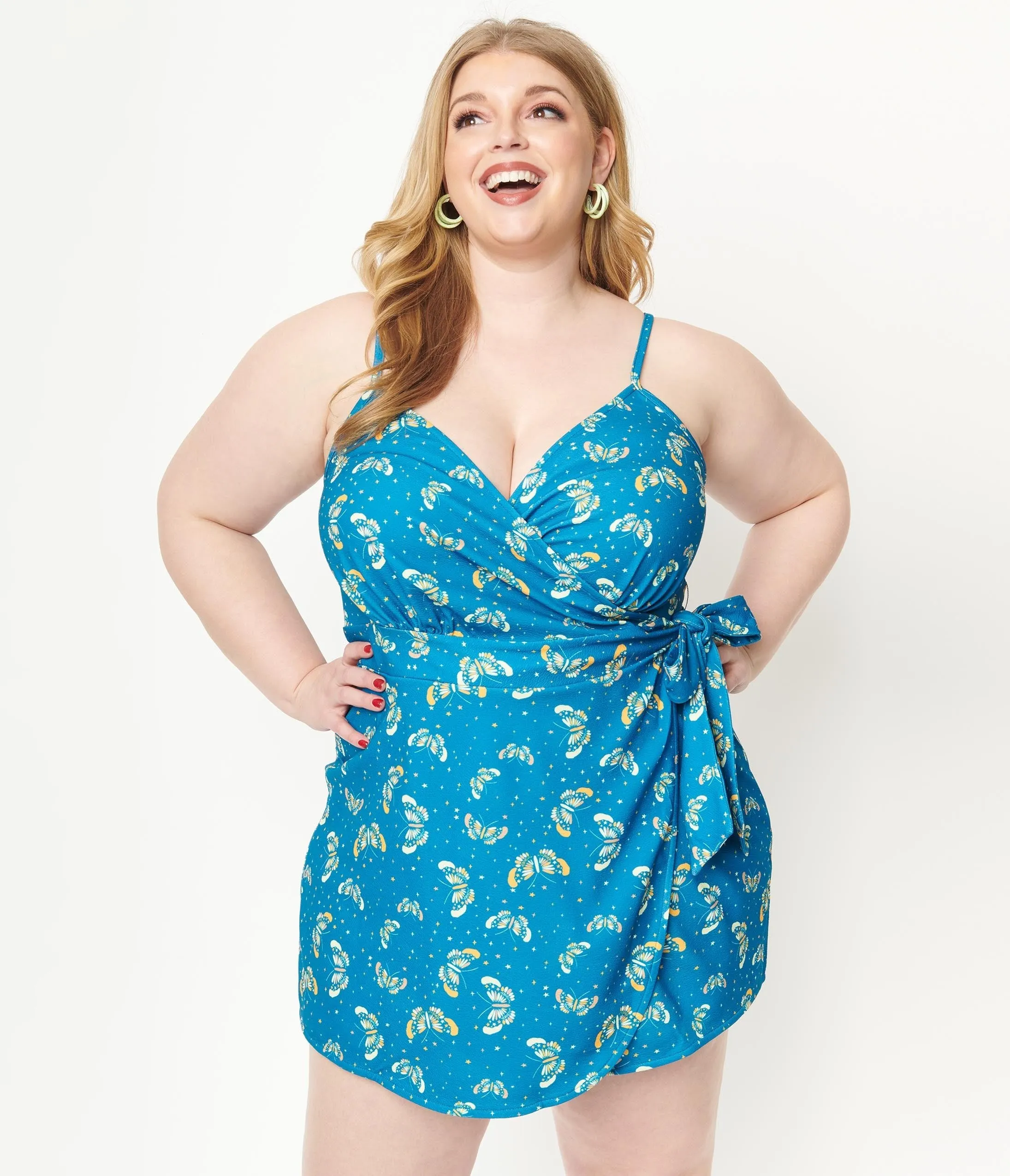 Plus Size Blue & Butterfly Print Lottie Wrap Romper