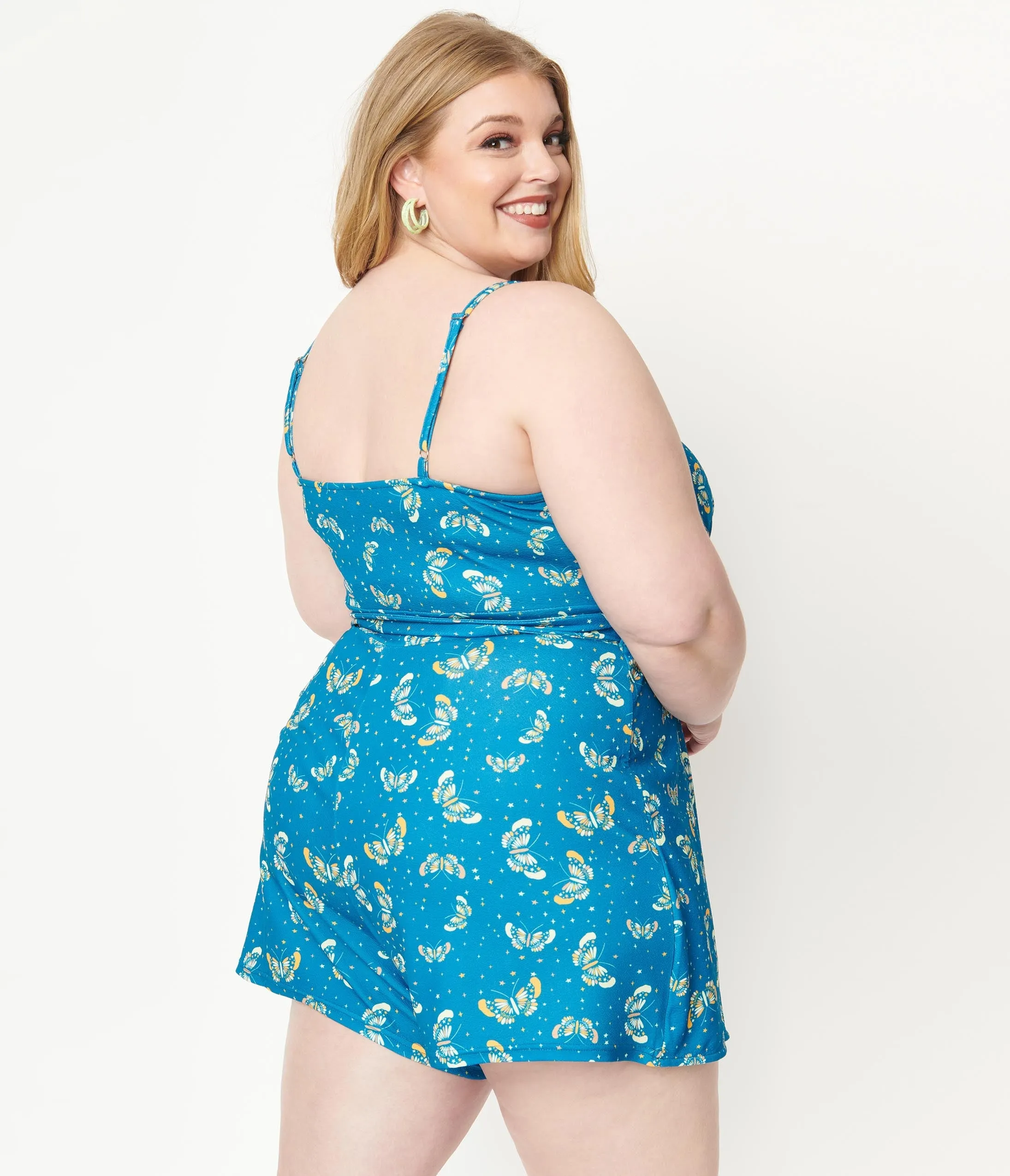 Plus Size Blue & Butterfly Print Lottie Wrap Romper