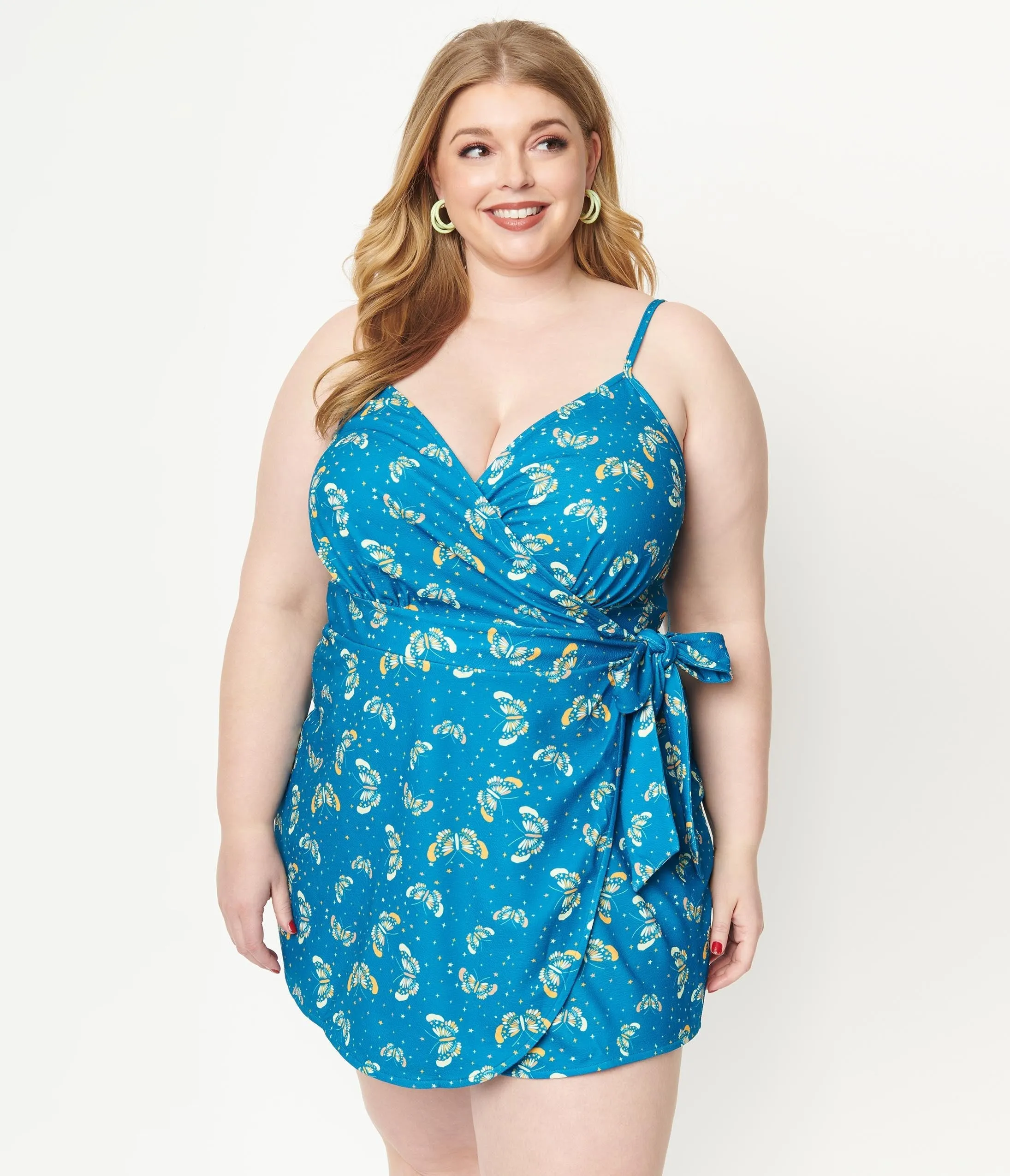 Plus Size Blue & Butterfly Print Lottie Wrap Romper