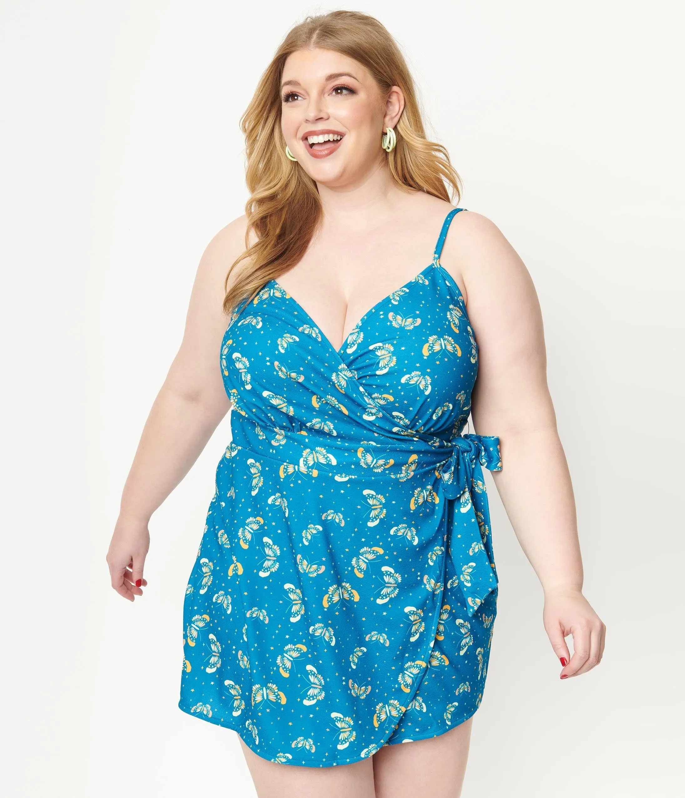 Plus Size Blue & Butterfly Print Lottie Wrap Romper