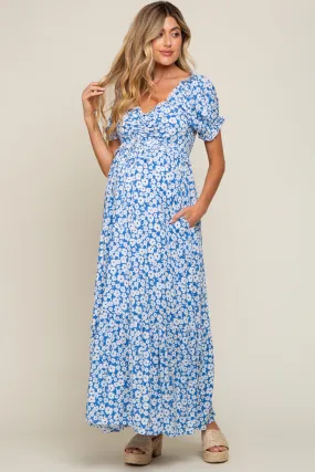 Floral Blue Maxi Dress with Cinched Bust