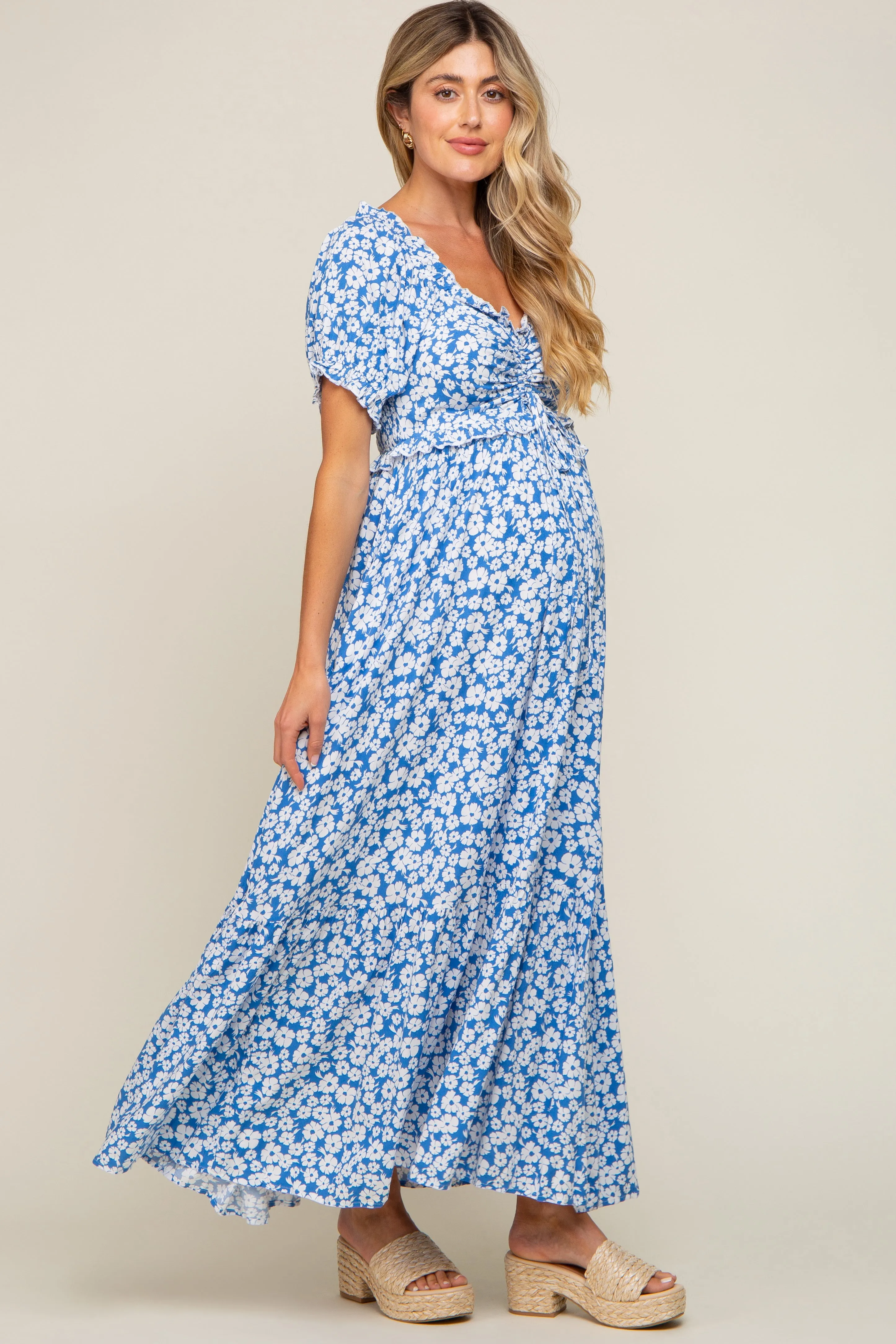 Floral Blue Maxi Dress with Cinched Bust