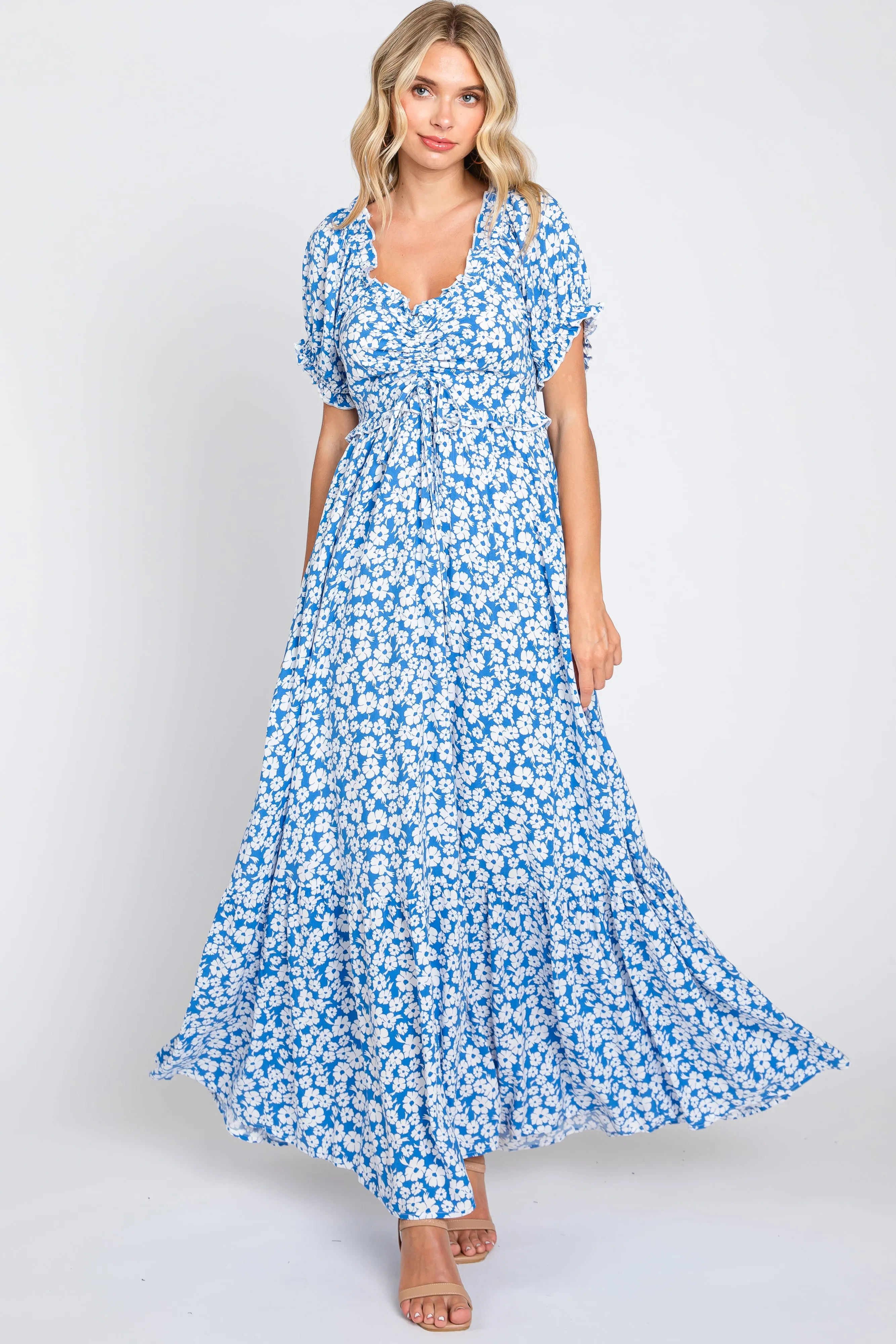 Floral Blue Maxi Dress with Cinched Bust