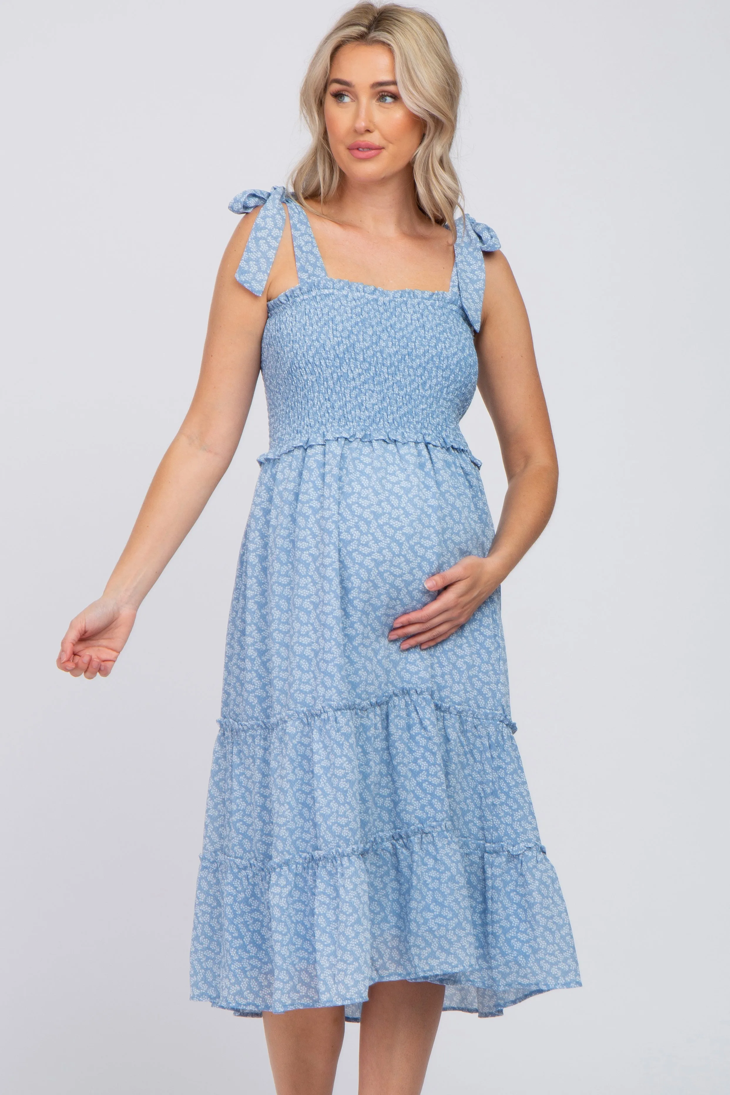 Sleeveless Maternity Midi Dress with Blue Floral Smocked Tiers