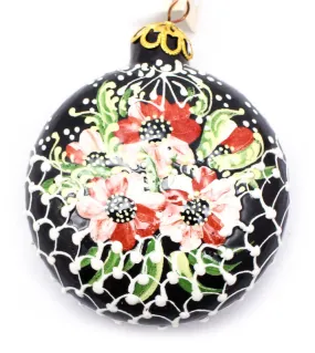 Small Round Ceramic Ornament with Blushed Flower Basket Design