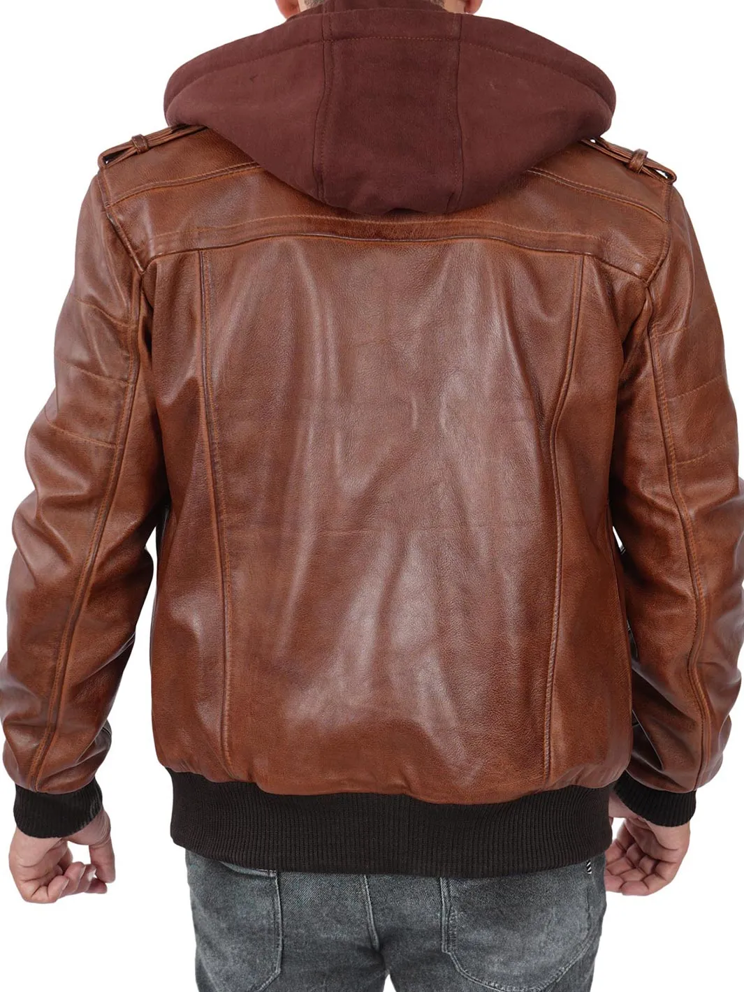 Men's Brown Leather Jacket with Detachable Hood