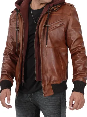 Men's Brown Leather Jacket with Detachable Hood