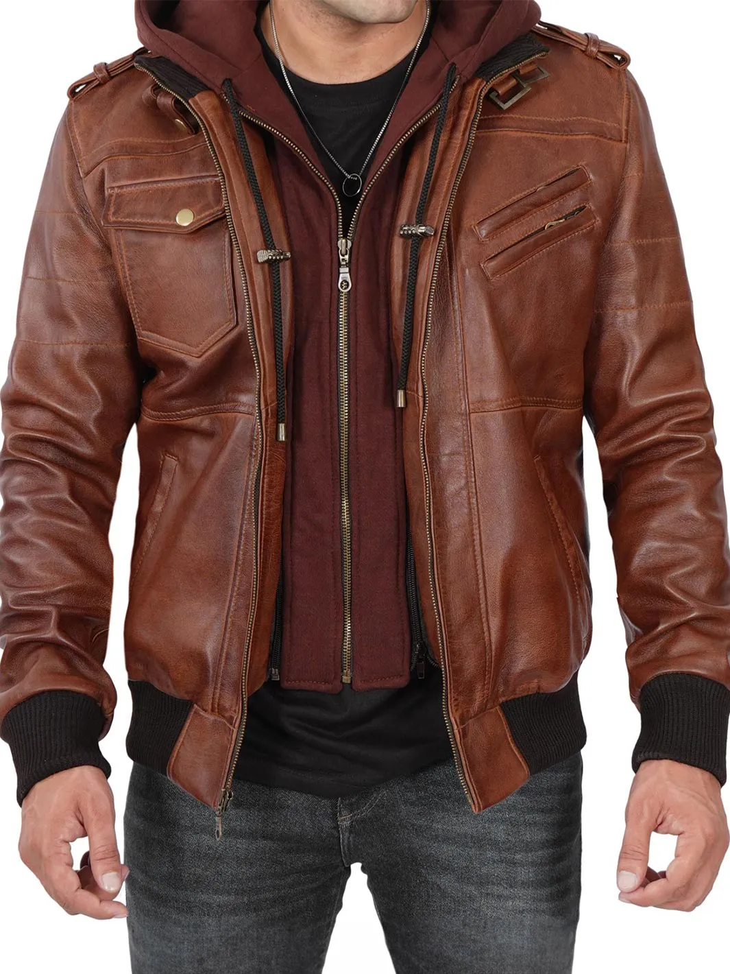 Men's Brown Leather Jacket with Detachable Hood