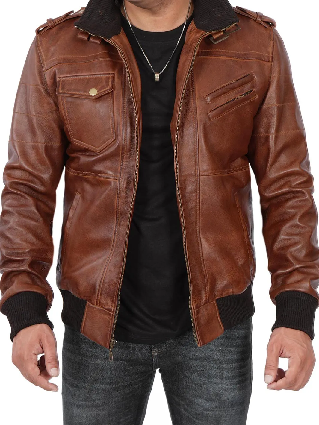 Men's Brown Leather Jacket with Detachable Hood