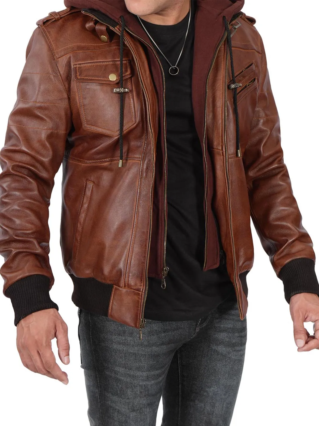 Men's Brown Leather Jacket with Detachable Hood