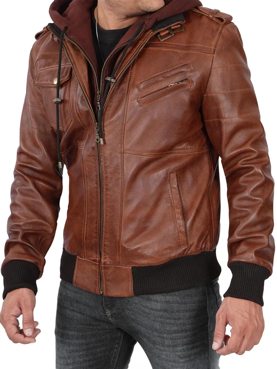 Men's Brown Leather Jacket with Detachable Hood