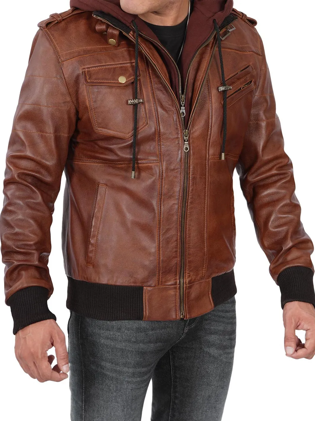 Men's Brown Leather Jacket with Detachable Hood