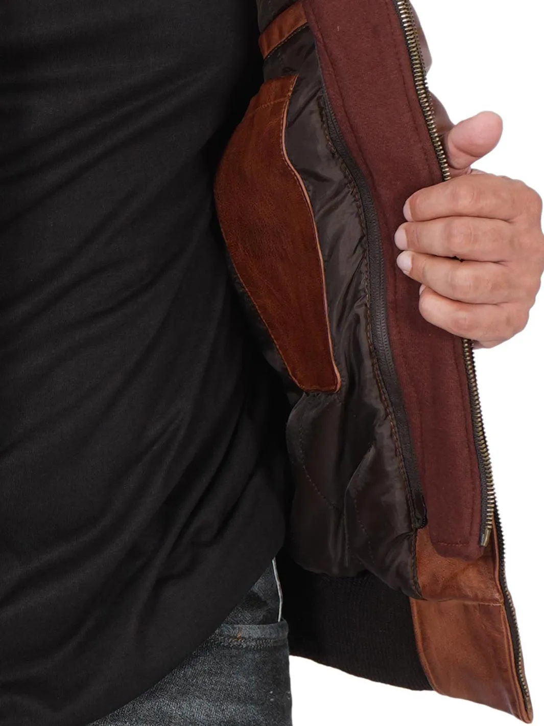 Men's Brown Leather Jacket with Detachable Hood