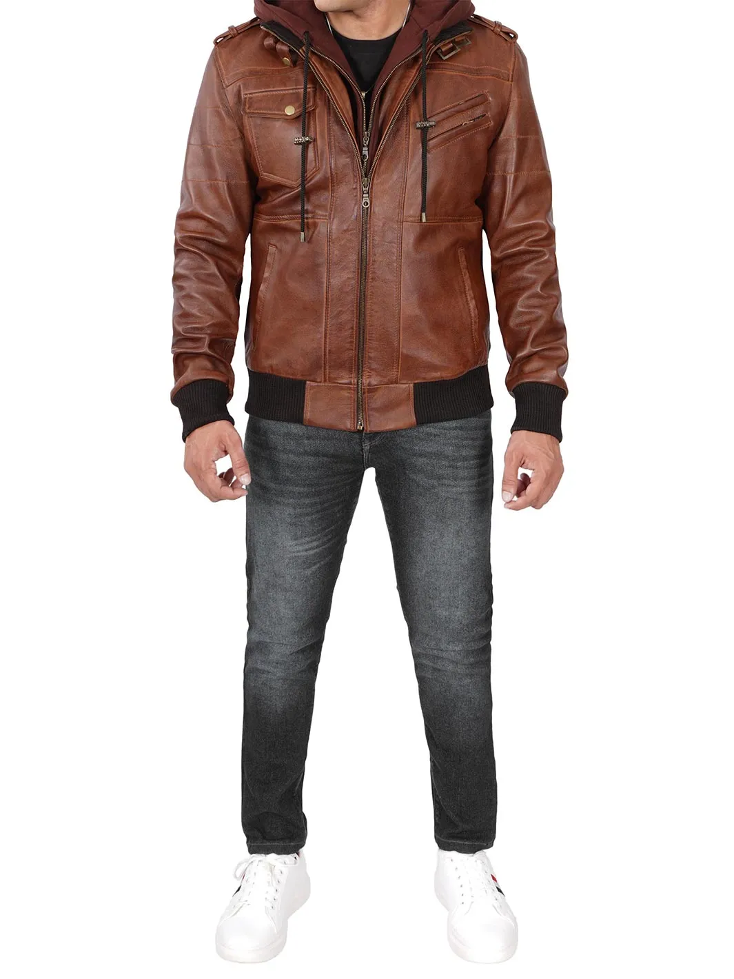 Men's Brown Leather Jacket with Detachable Hood