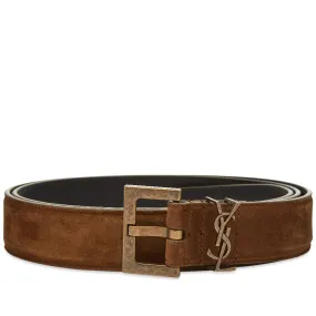 Brown Suede Belt with Metal Logo by Saint Laurent