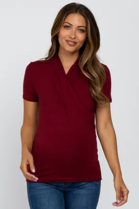 Short Sleeve Maternity/Nursing Top in Solid Burgundy with Wrap Front