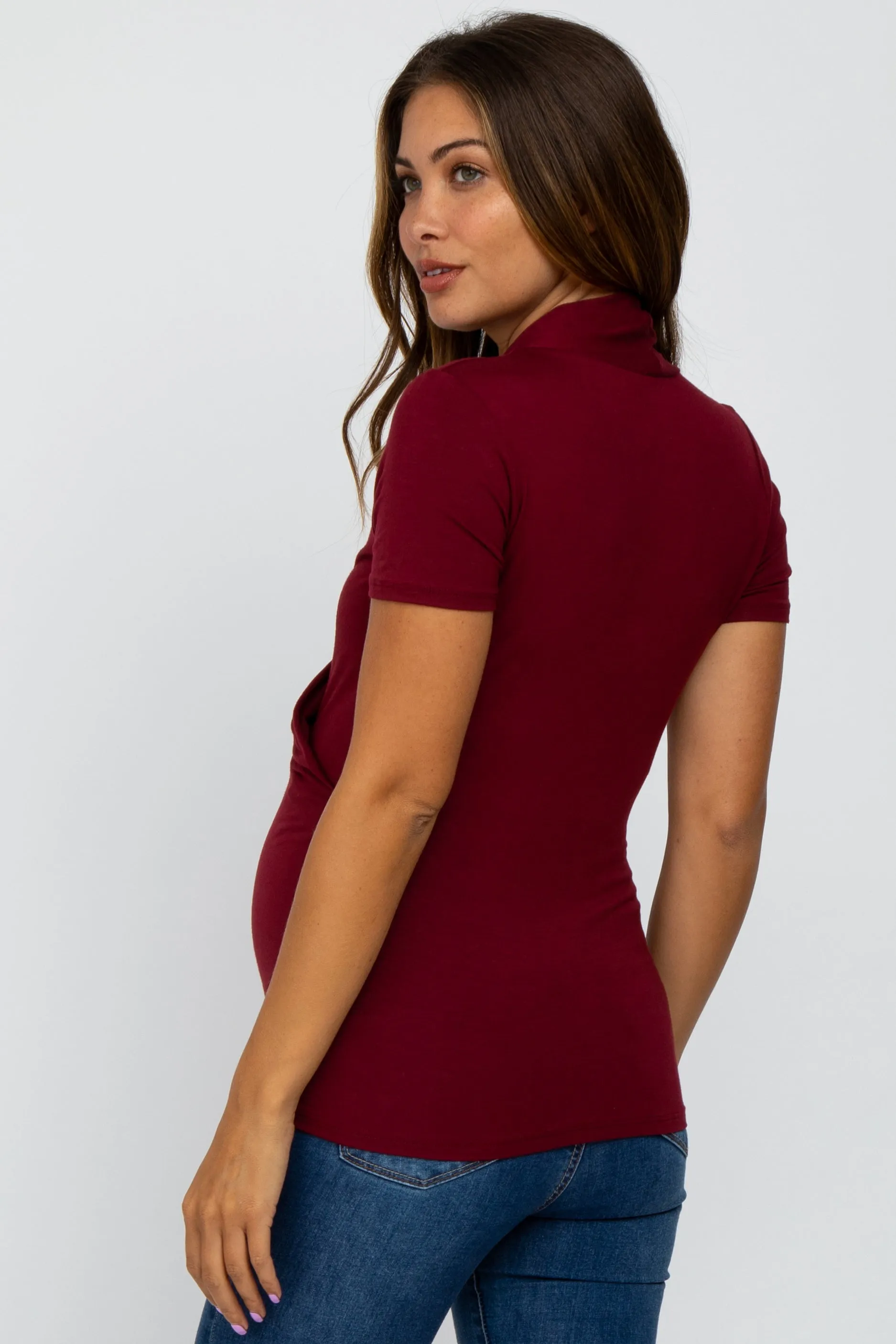 Short Sleeve Maternity/Nursing Top in Solid Burgundy with Wrap Front