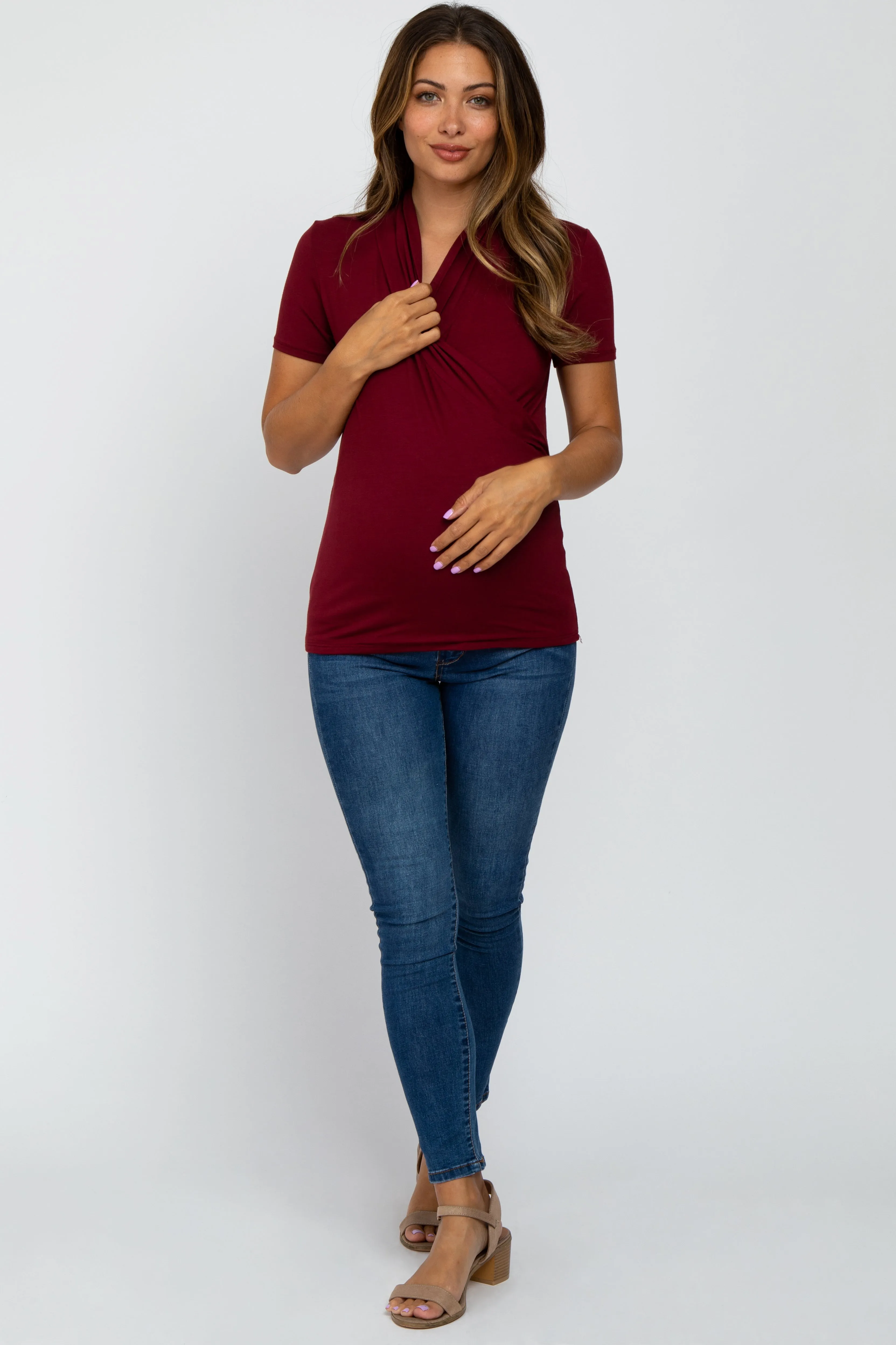 Short Sleeve Maternity/Nursing Top in Solid Burgundy with Wrap Front