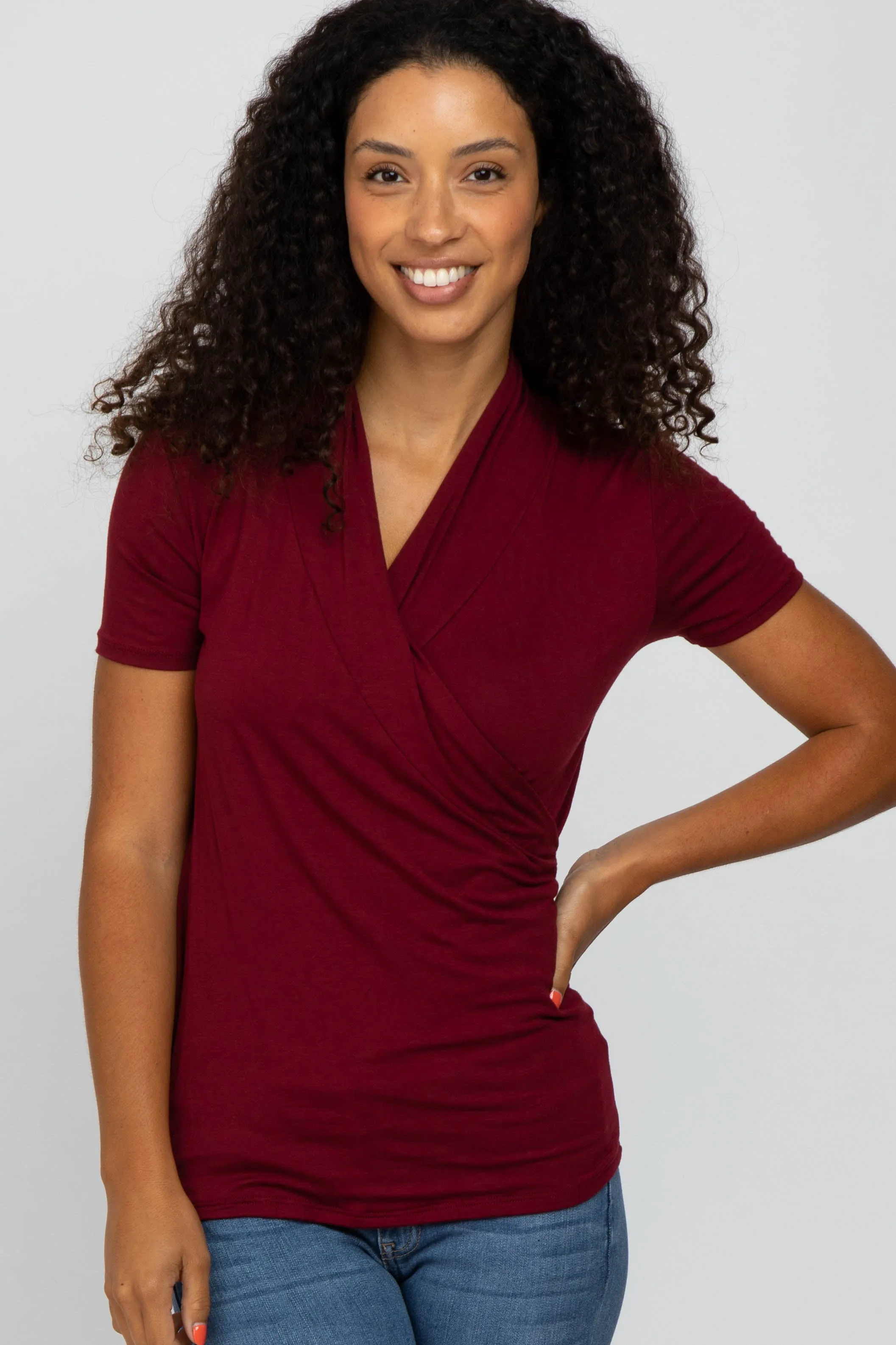 Short Sleeve Maternity/Nursing Top in Solid Burgundy with Wrap Front