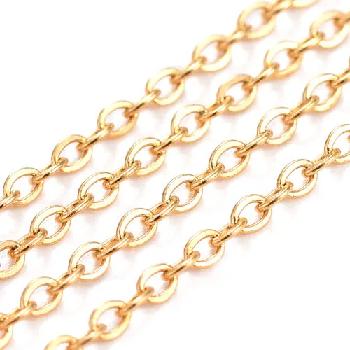 304 Stainless Steel Flat Oval Gold Plated Soldered Cable Chain 1.5x1.2mm